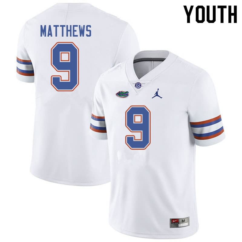 NCAA Florida Gators Luke Matthews Youth #9 Jordan Brand White Stitched Authentic College Football Jersey EAZ5364LB